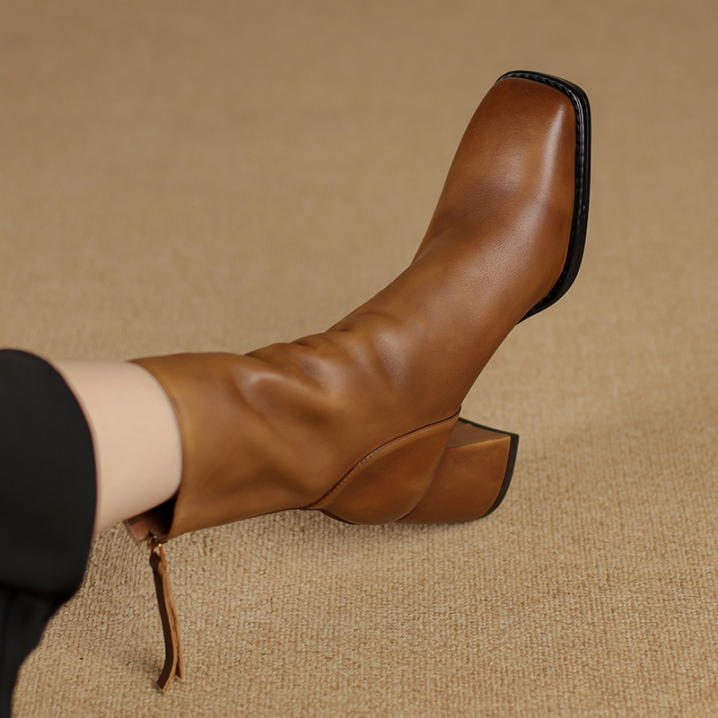 2024 Autumn/Winter Square Toe High Heel Women Shoes Boots Handemade Genuine Real Leather 5644