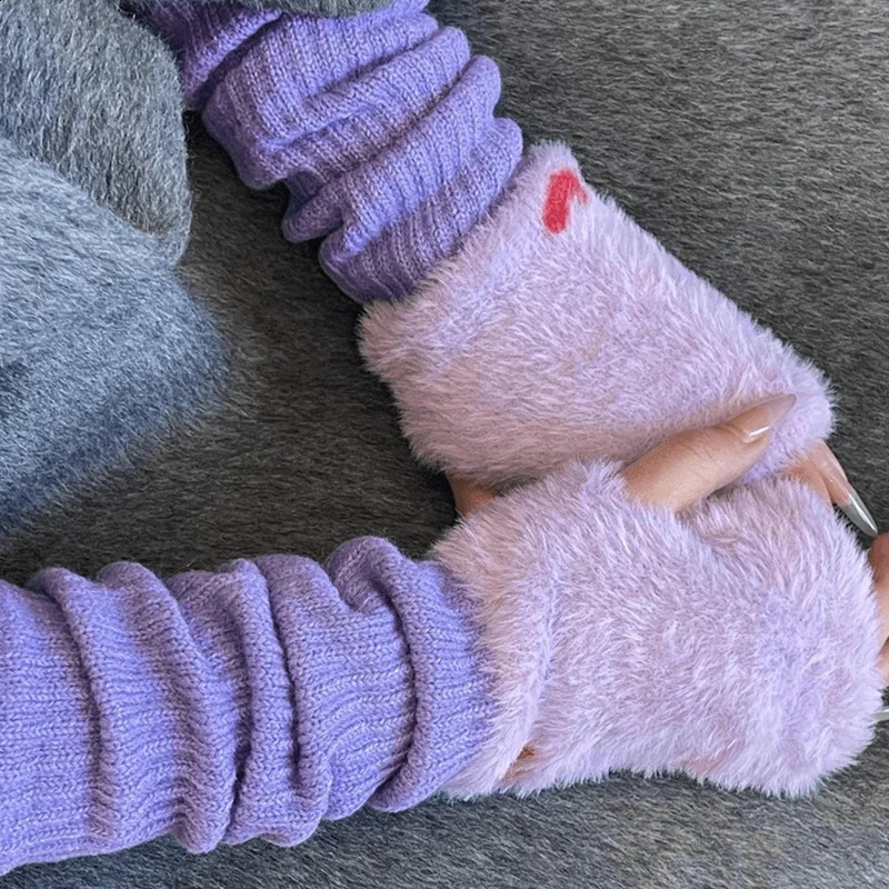 Mink wool soft long gloves winter half finger womens warm and ious white plush knitted fingerless 240911