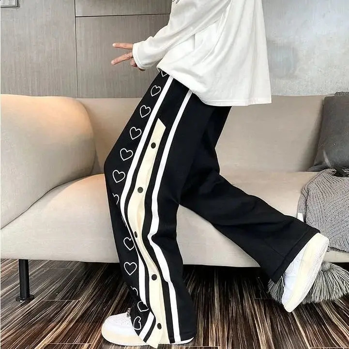 Harajuku Wide leg Sweatpants Oversize Men Streetwear Side Button Baggy Pants Casual Sport Split Basketball Women Track Trousers 240914