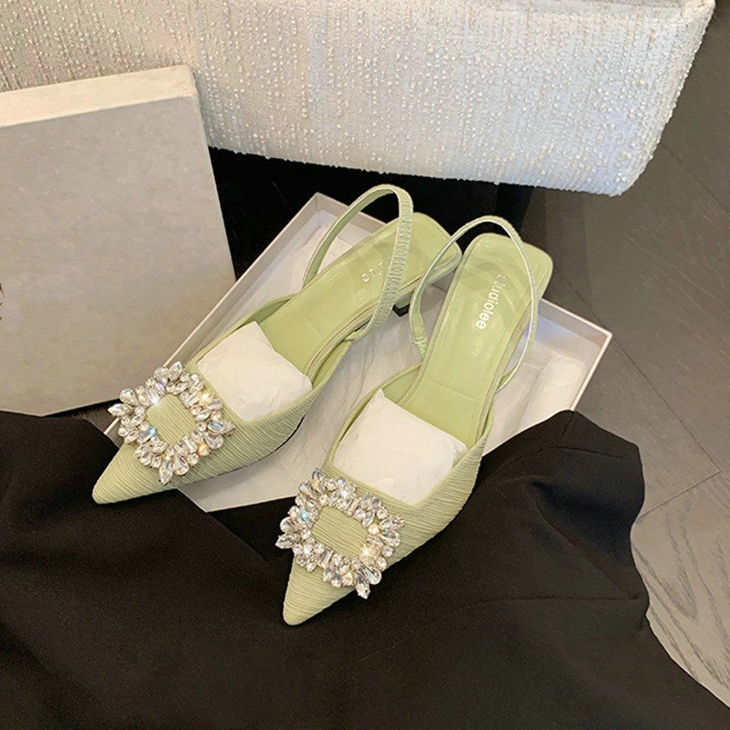 Summer 2024 New Square Crystal New Buckle Rhinester Pointed Head High Heel Women's One-e Belt Baotou Sandals 0829