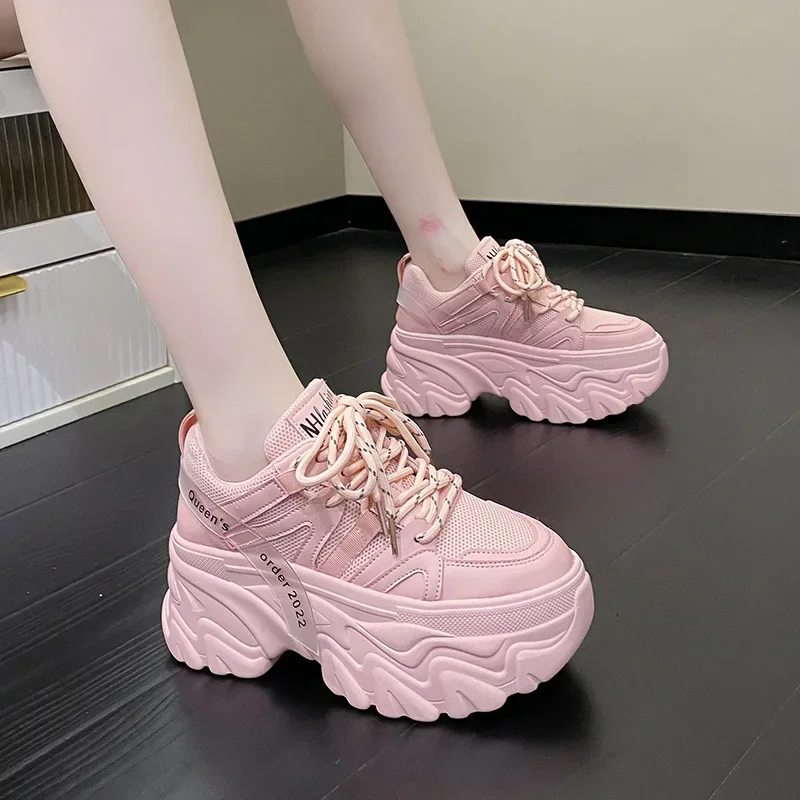 Women's Pink Chunky Sneakers Breathable Platform Sports Shoes Woman Lace Up Thick Sole Casual Shoes Zapatillas Mujer 2024