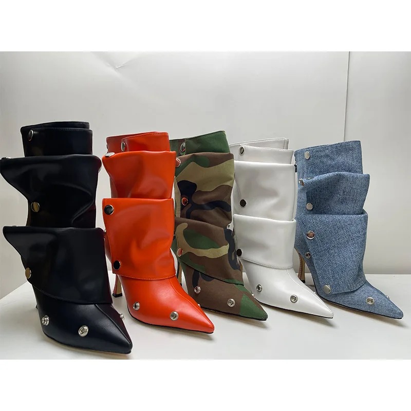 Wrinkled Metal Button Spliced Denim 2024 Women Detachable Mid-calf 34-43 Auto Show Model Fashion Boots