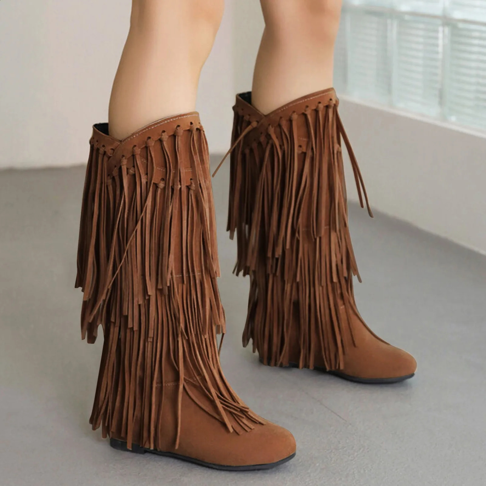 Womens Fringe Winter Western Round Toe Flats Suede Solid Cool Internal Elevation Boots Dr Daily Shoes 240911