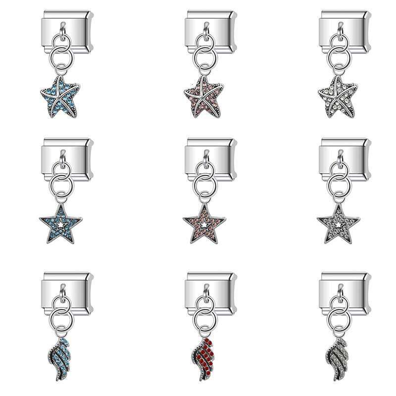 New Women's Gift stars pendant with shine stone Bead Italian Charms Links Bangle Beads Fit 9mm Stainless Steel Bracelet Making DIY For Women Fash