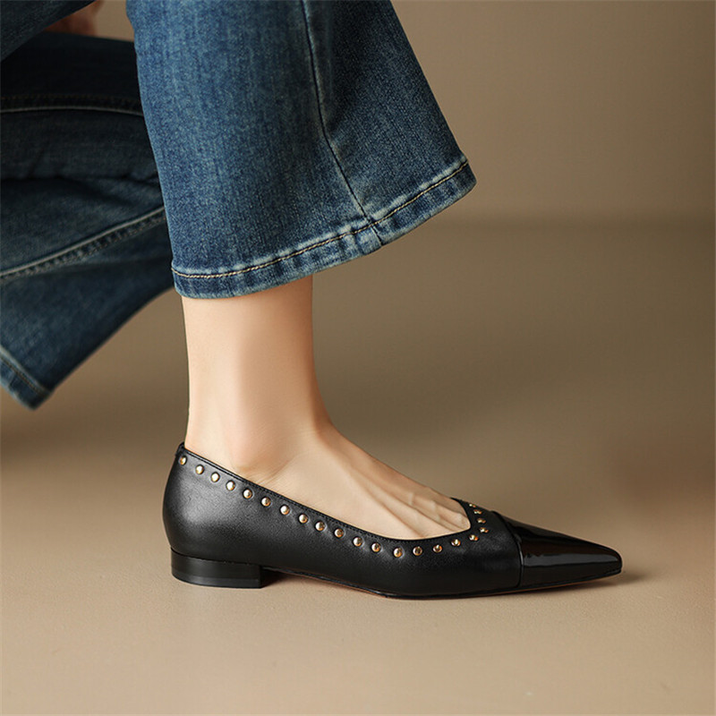 New Summer Split Leather Women Pumps Flat Shoes for Women Fashion Rivet Pointed Toe Low Heels Shoes Women Zapatos De Mujer