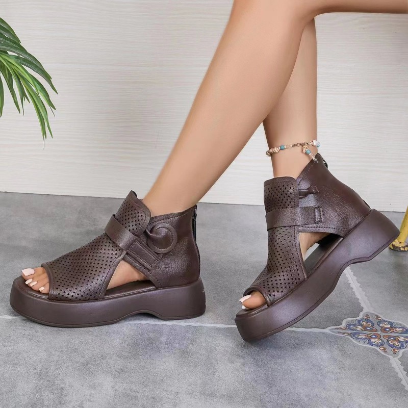 Summer New Hollow Breathable Hole Shoes Thick Sole Genuine Leather Fish Mouth Hook & Loop Retro Comfortable Women Sandals