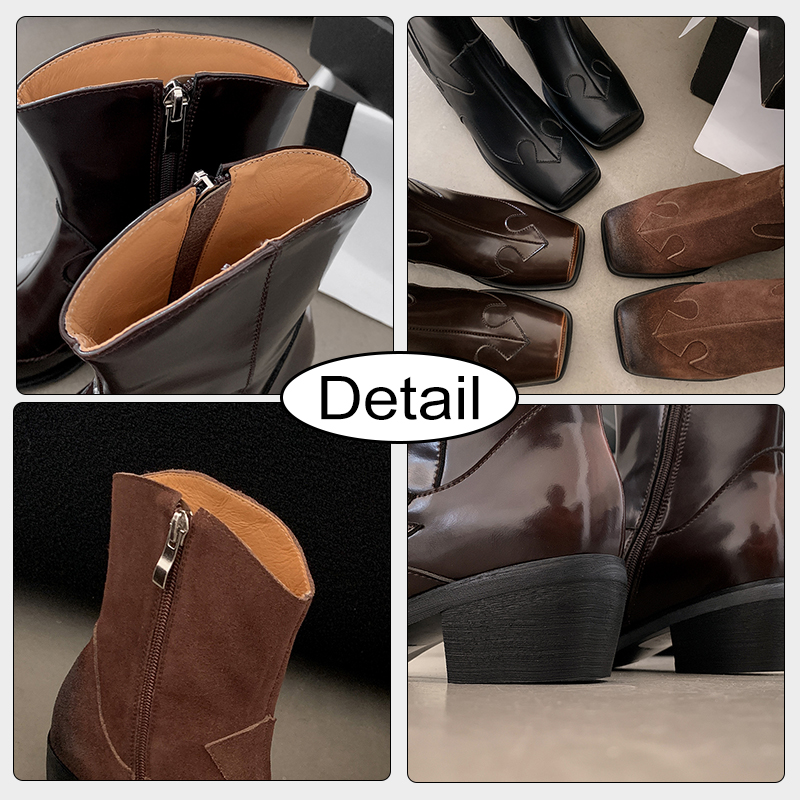 JOZHAMTA Size 34-40 Women Ankle Boots Western Genuine Leather Vintage Thick Heels Shoes Fall Winter Retro 2025 Short Booties