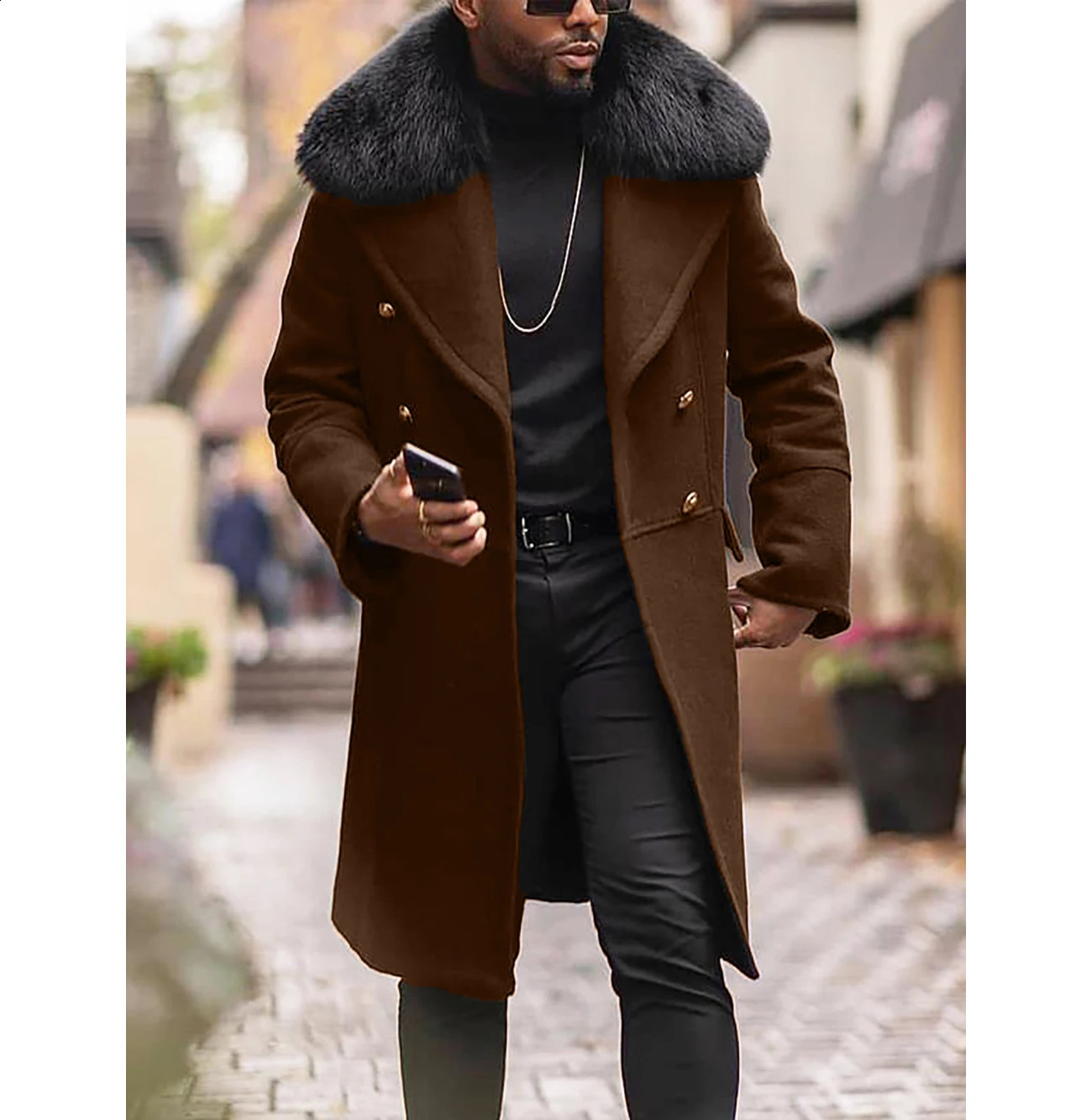 Mens autumn and winter casual wool coat double-layer high-quality fur collar medium length windproof 240912