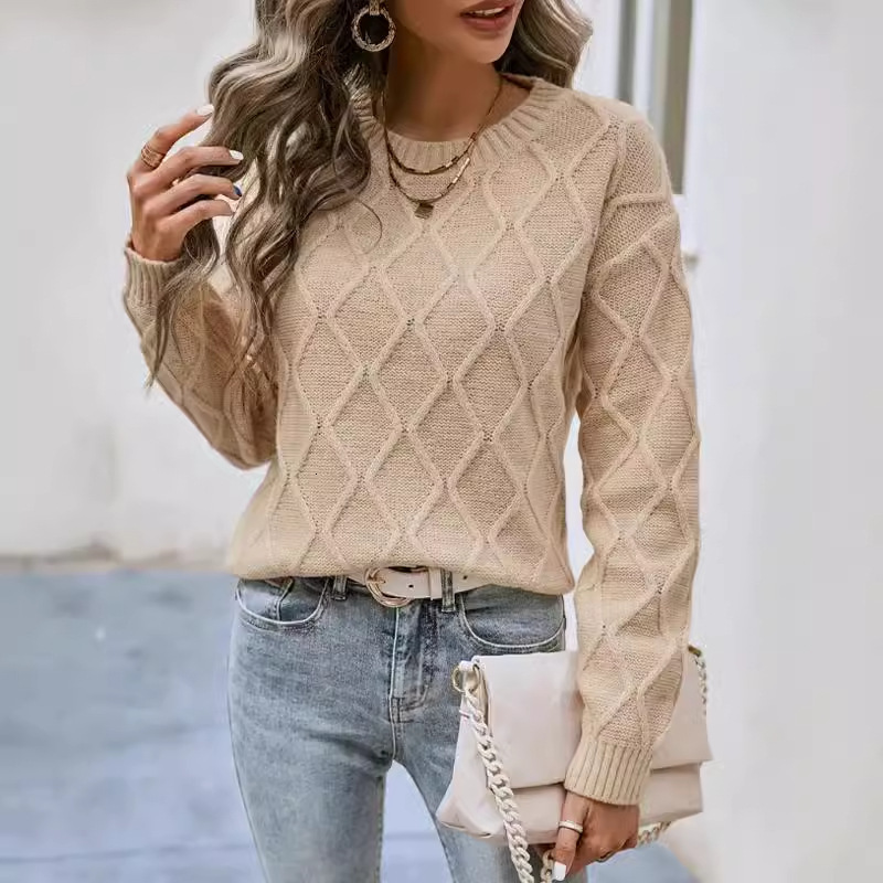 dongdumaoyi New autumn and winter solid color pullover round neck sweater, fashionable diamond solid color loose casual knit sweater F0914#43