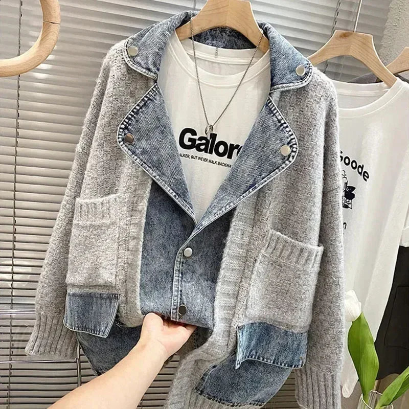 Autumn Winter Women Splicing Denim Jacket Arrivals Stitched Loose Thickened Knitted Sweater Coat Long Sleeve Cardigan Top D46 240904