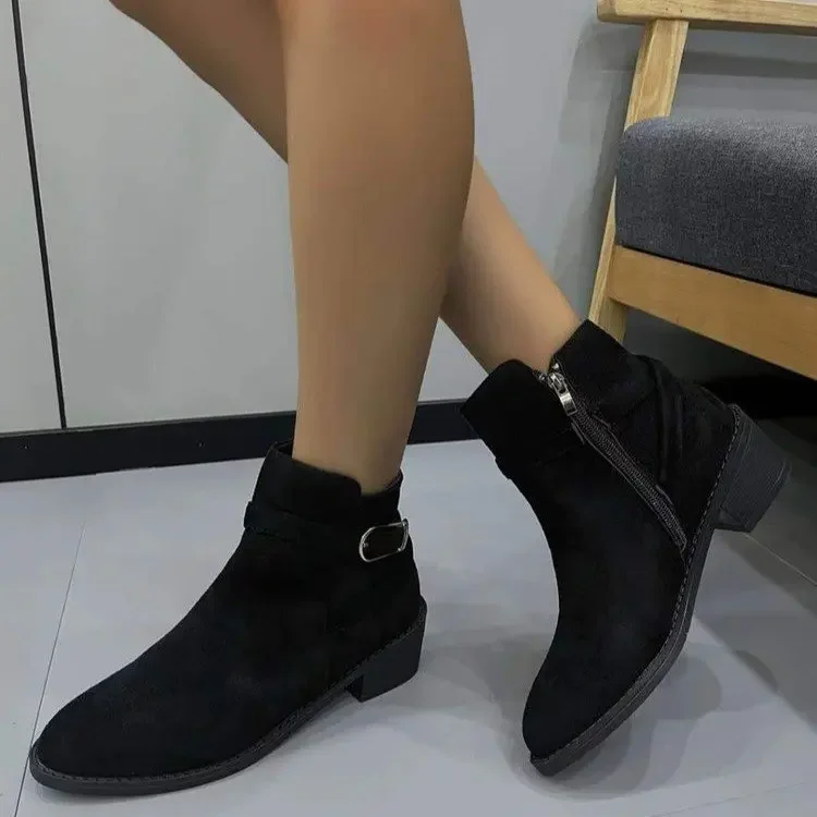 Fashion Suede Chunky Heeled Women's Ankle New Pointed Toe Side Zipper New Short Boots Woman Retro Booties Large Size 43 c536