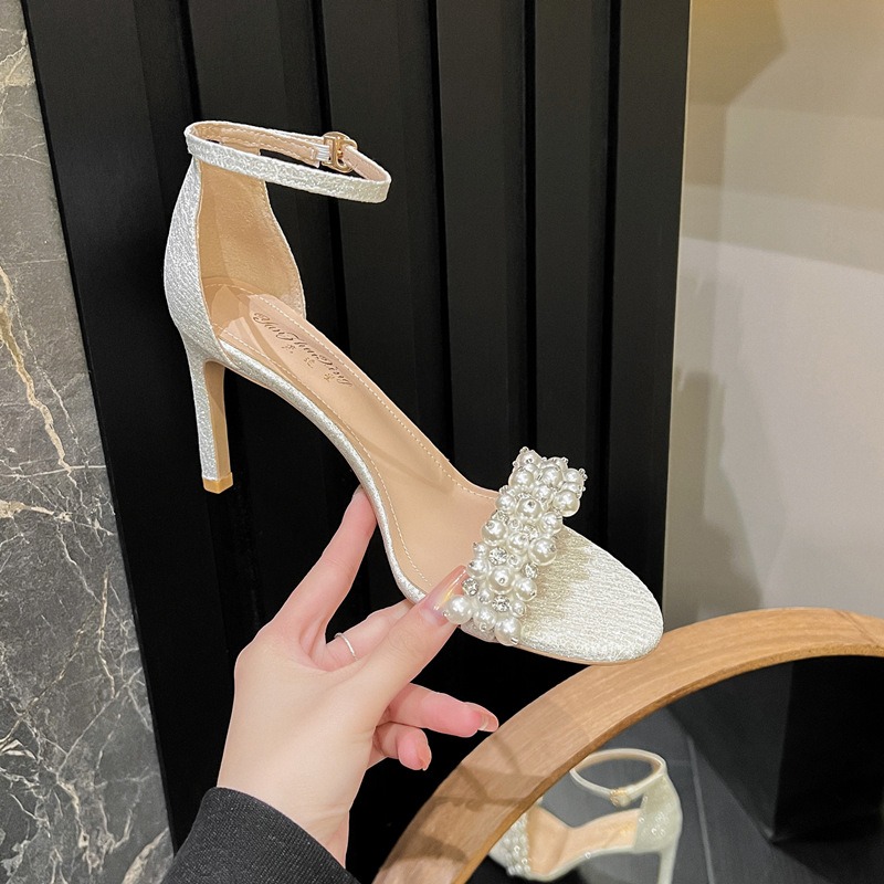 Summer New 2025 New French Sandals Thin Heel Round Head Open Toe Fashion Korean Version Pearl White High Heels 0904 s