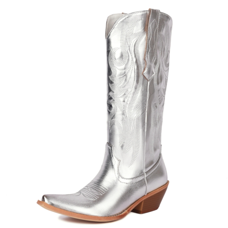 Women's White Knee High Boots 2023 Winter Western Cowboy Cowgirls Boot For Women Wedge Heels Gold Sier Party Shoes Lady e3e9