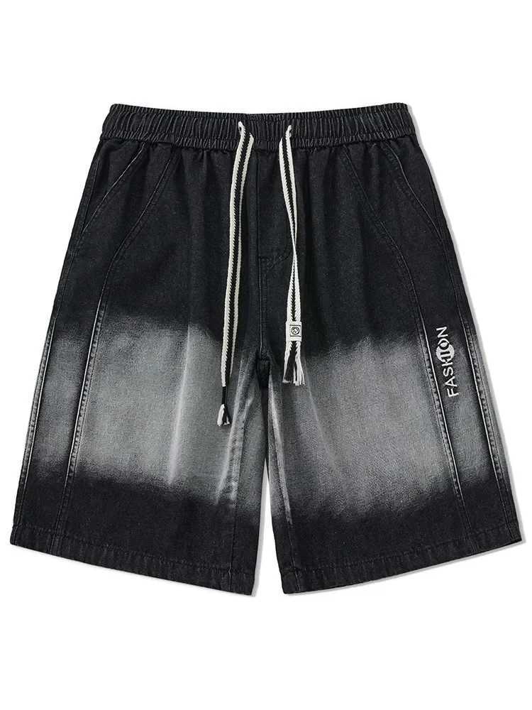 2024 Summer Denim Shorts Men Large Size Gradient Color Washed Cotton Baggy Jean Shorts Drawstring Streetwear Y2K Short PantsX240914