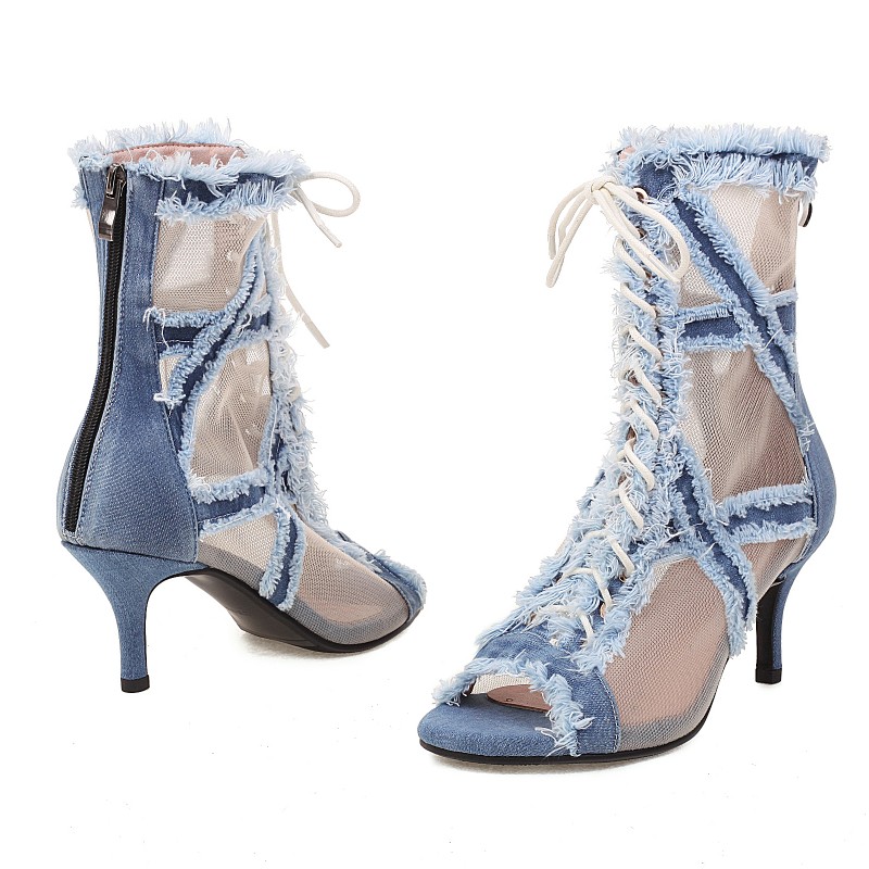 New Toe Peep Summer Sandals Women Sexy Blue Jeans Party Dance Shoes Pumps Lace-Up High Heels Mesh Ankle Boots Large Size 44 e608