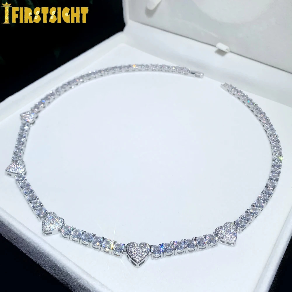 Ice Sparkling Heart Pendant Necklace Silver Zircon 5mm Tennis Chain Charm Womens Hip Hop Fashion Jewelry 240912