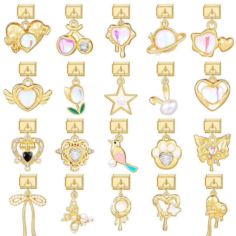 New Women's Gift Gold plated Pendant Heart bead Italian Charms Links Bangle Beads Fit 9mm Stainless Steel Bracelet Making DIY For Women Fashion J