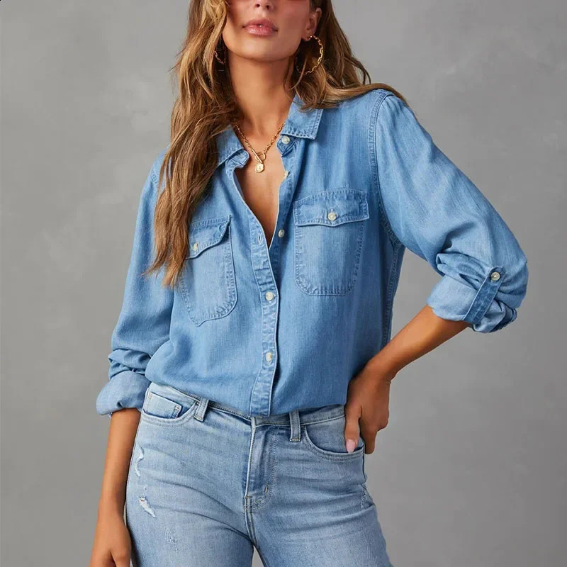 Solid casual loose denim womens shirt autumn retro womens oversized shirt and loose fashionable youth womens top 240914