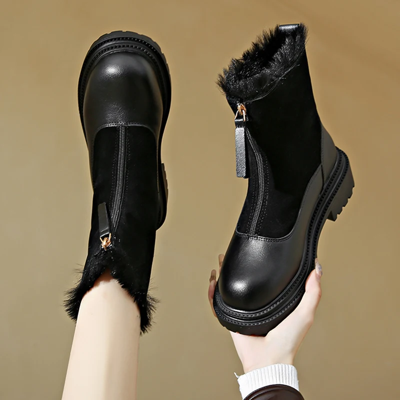 Women's Suede hot Platform Ankle Boots - Warm Plush Winter Shoes, Round Toe Fur, Brown Casual Goth Botas Feminina