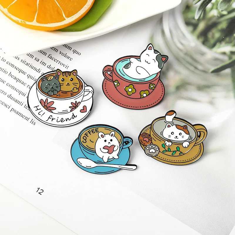 Custom Cup Cat Enamel Pins Cute Cats Coffee Animal Brooch Clothes Badge Backpacks Kitten Cafe Jewelry Gift For Friends WholesaleX240914