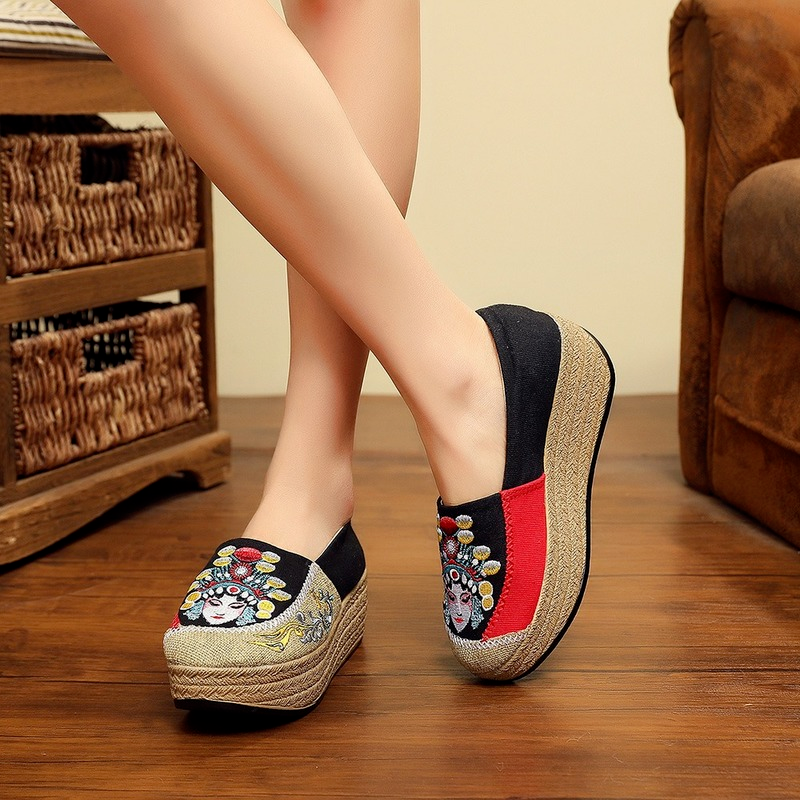 Shoes face Embroidered Women Canvas 5cm Flat Platform Vintage Handmade en Cotton Slip-on Sneakers Ladies Thick Bottom e06b