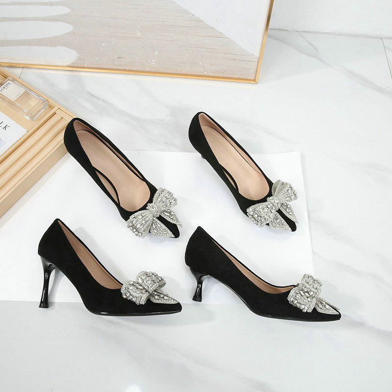 Spring 2024 New French High Heels Rhie Bow Suede Fine Heel Pointed Temperament Single Shoes 88c6