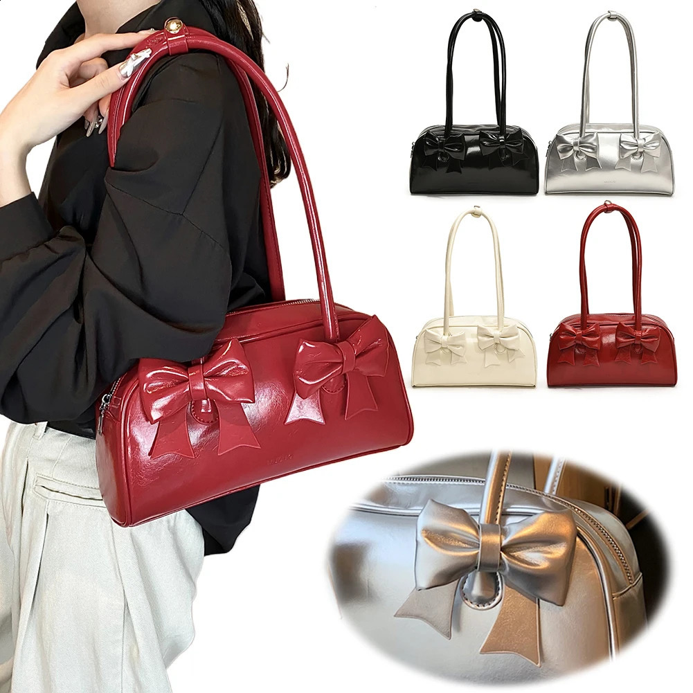 Women Crossbody Bag Bowknot Pu Leather Handbag Trendy Hobo Solid Color Shopping 240723