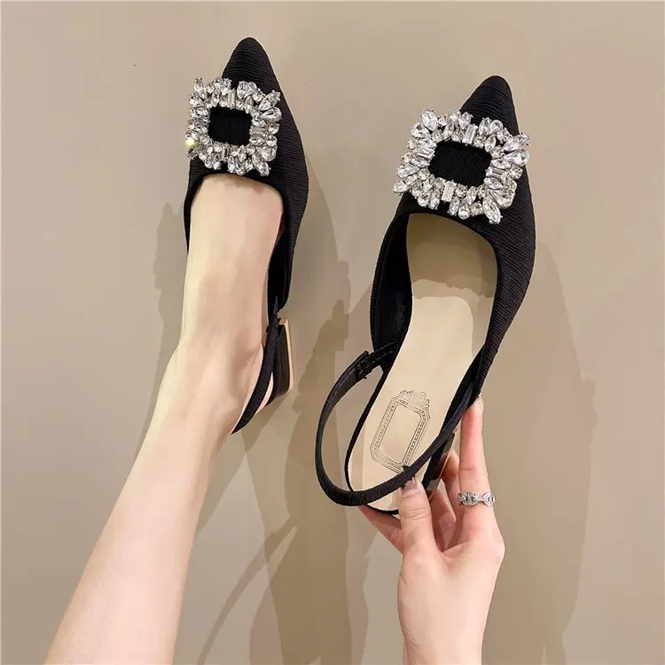 Beige Heeled Sandals Clear Shoes 2024 Women's Black Rhie Medium Pointed Closed New Spring Gladiator Block Girls 9542