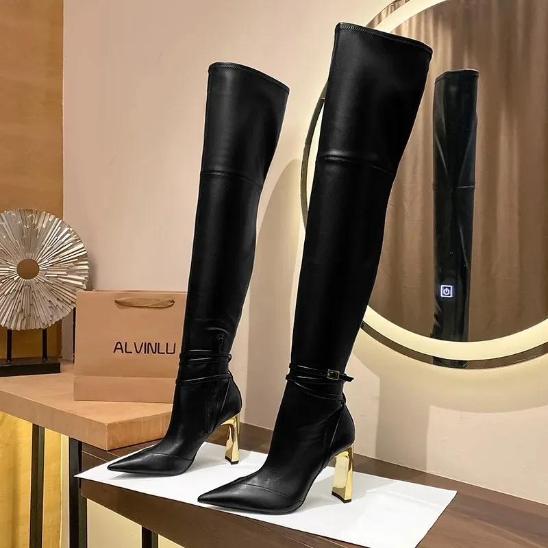 Elegant Black 9cm High-heeled Winding Tape Over Knee Autumn Winter Fashion Design S Pointed Spicy Girl Slim Long Boots