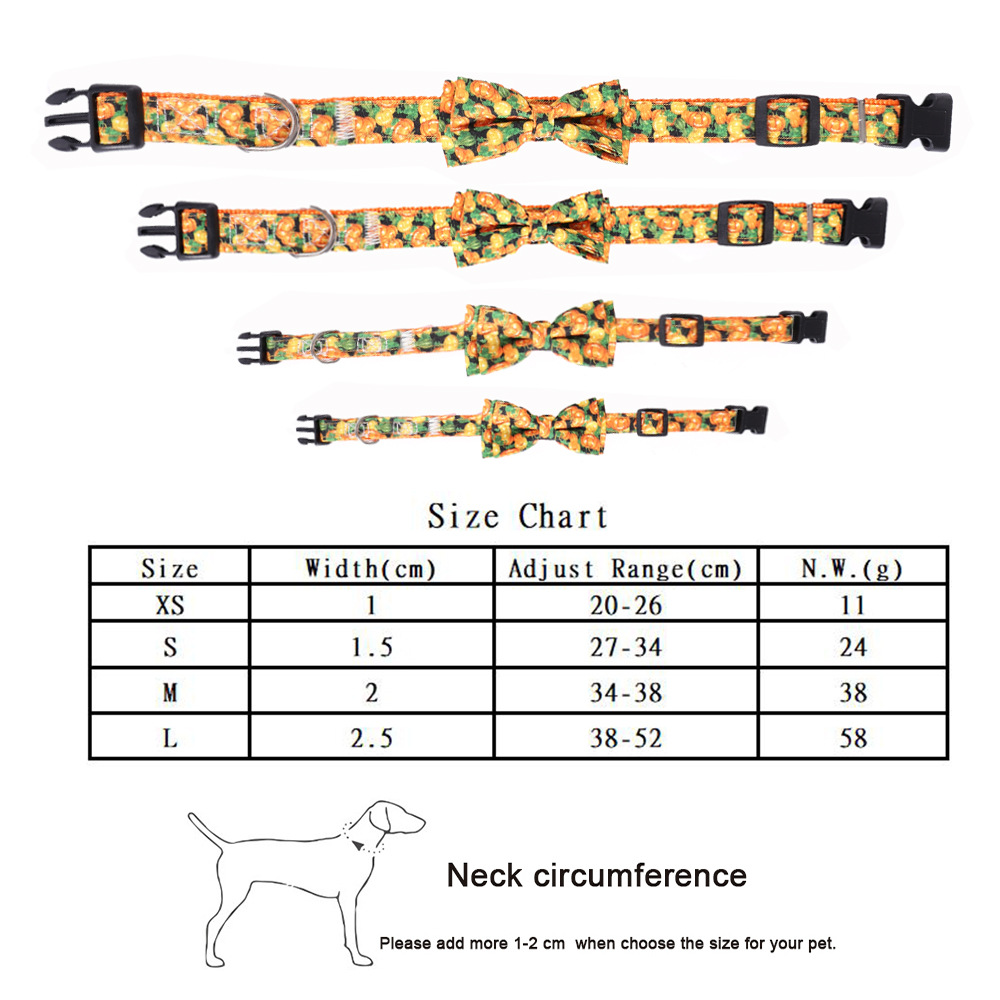 Pet Halloween Dog Collar, Cute Orange Festival Dog Collar with Bow, Adjustable Halloween Pet Collars for Small Medium Large Dogs