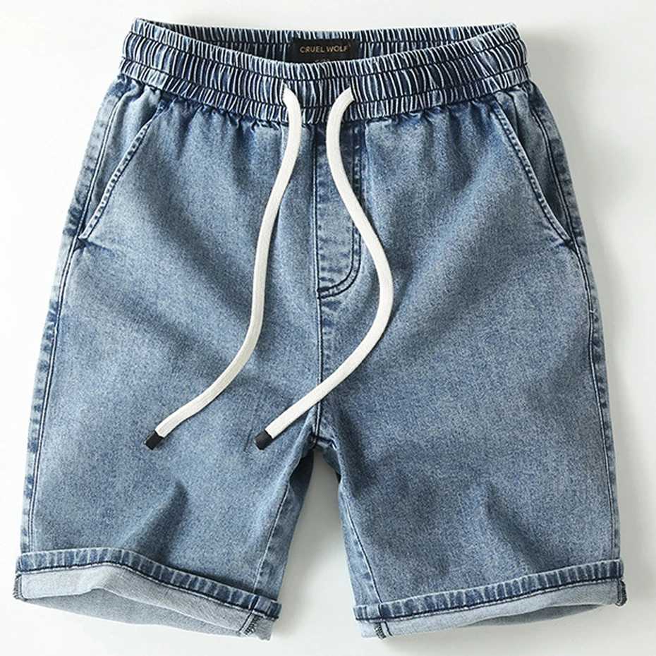Denim Shorts Men Blue Jeans Shorts Fashion Casual Solid Color Jeans Shorts Male Elastic Waist Short Pants SummerX240914