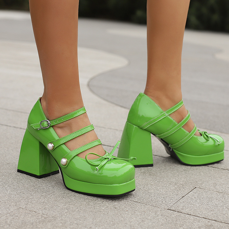 2025 new Autumn Spring Fashion Bowknot Thick Sole High Heel Single New Shallow Mouth Buckle Pearl Women's Shoes Size 34-48 e3c8