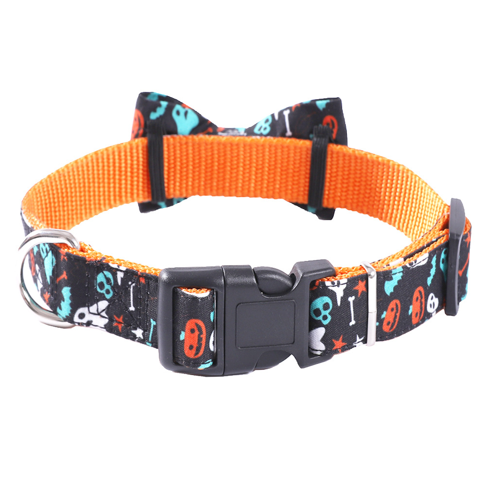 Pet Halloween Dog Collar, Cute Orange Festival Dog Collar with Bow, Adjustable Halloween Pet Collars for Small Medium Large Dogs