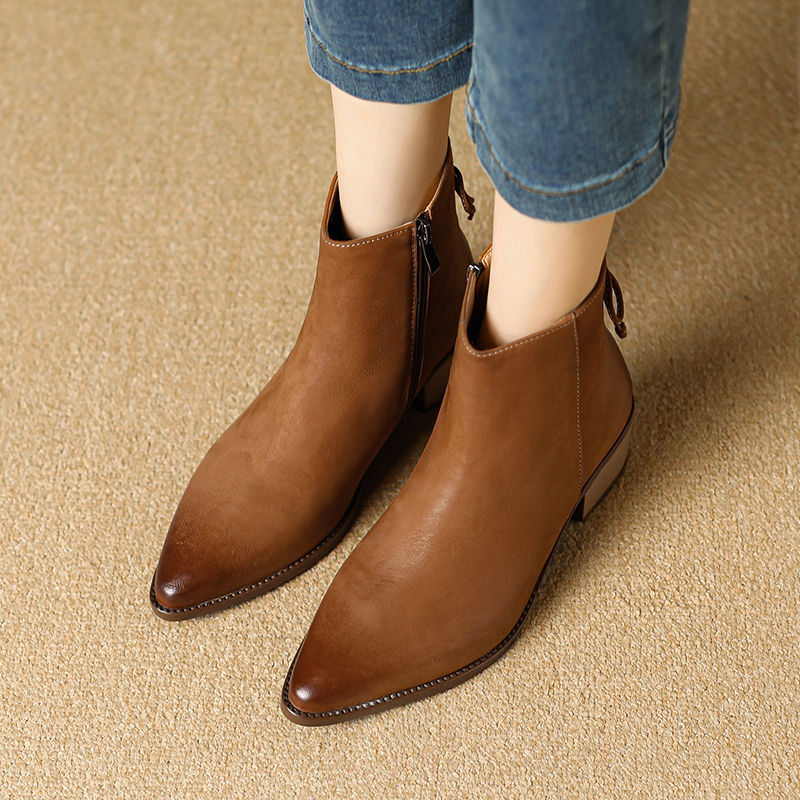 2024 Autumn Ankle Pointed Toe Women Western Boots Genuine Leather Office Lady Shoes 4bb3