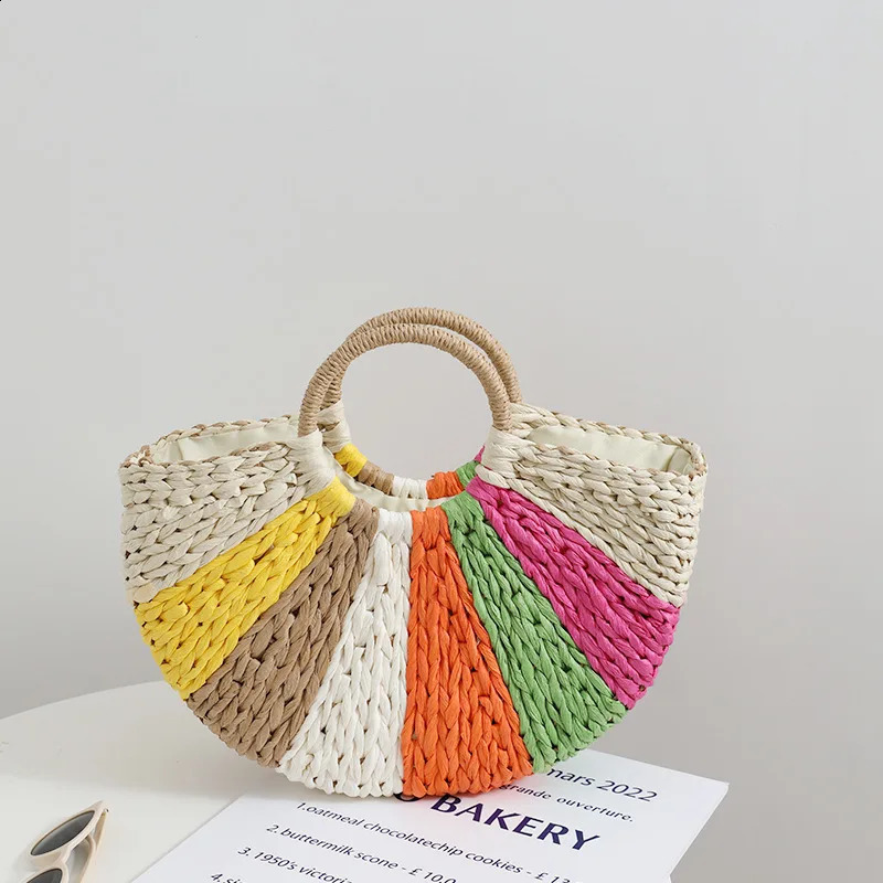 Rainbow colored grass bag summer semicircular handheld woven beach resort 240913
