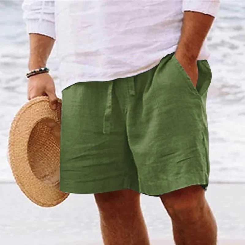 Mens summer cotton and linen shorts with drawstring elastic waist straight legs solid color breathable daily beach capris Y240914