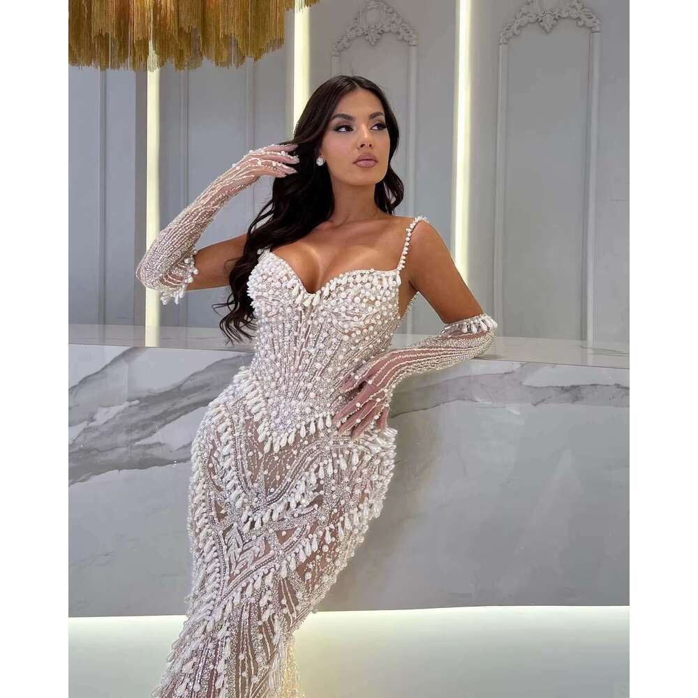 Evening Dresses Mermaid Sequins Rhie Spaghetti Strap Backless Prom Gown Party Dress Vestido De Noite Custom Made