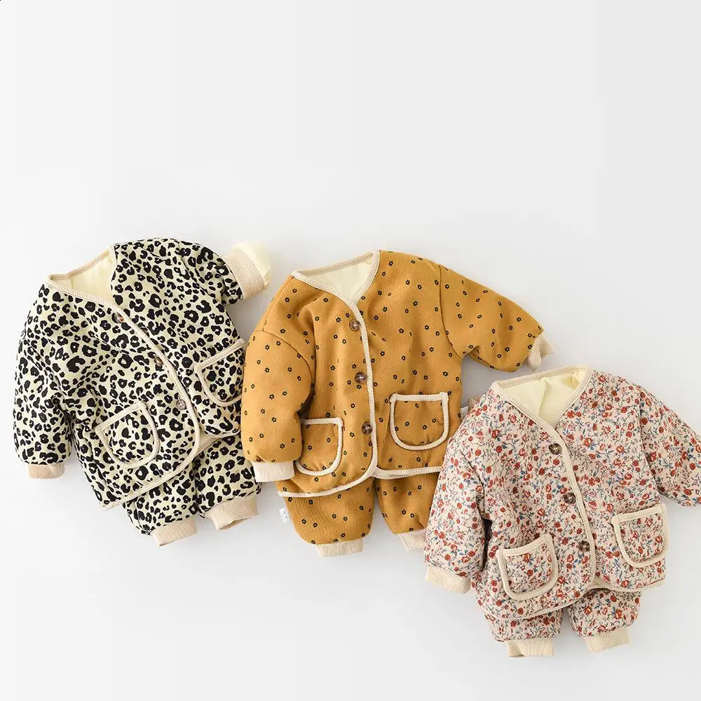 Winter Baby Warm Clothes Set Cute Leopard Floral Coat Pants 2pcs Suit Vintage Baby Girl Outfits Infant Jacket Set 240913