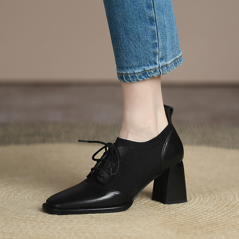 2025 new Spring shoes Pumps Square Toe Lace-Up Chunky Heel Casual Solid Split Leather for Women Heels Shoes 53ef