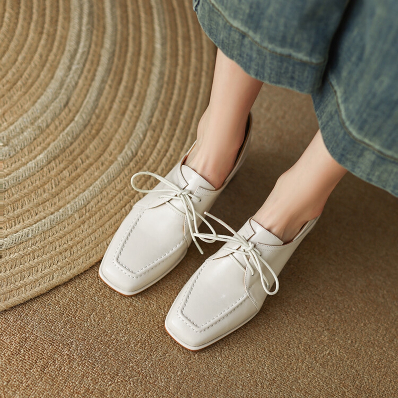 New Spring 2023 Loafers Split Leather Square Toe Chunky for Mixed Colors Mid-heel Women Pumps Lace-up Shoes 1aa3