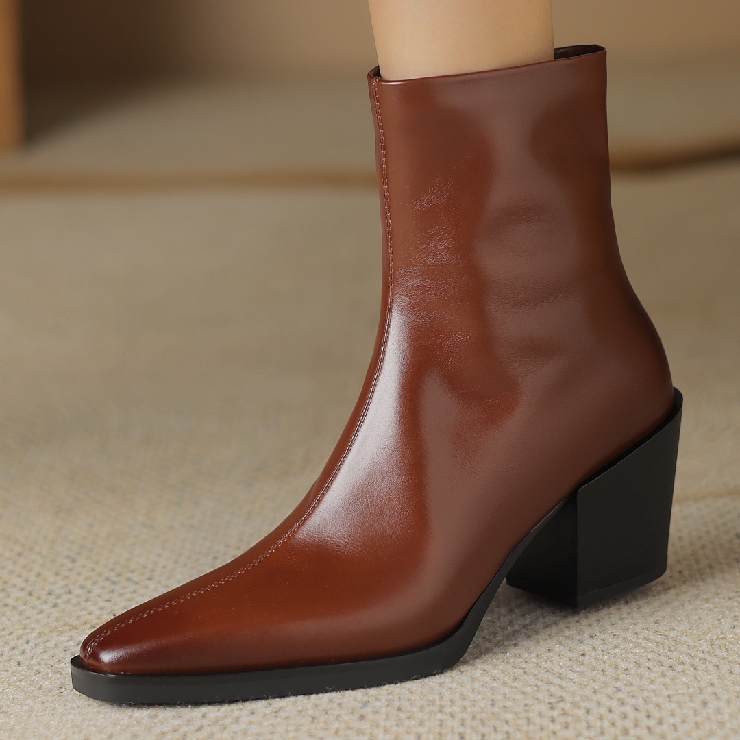 size Plus 34-42 women's genuine leather 7cm thick high heel square toe side zip autumn ankle boots elegant ladies retro shoes 93b7