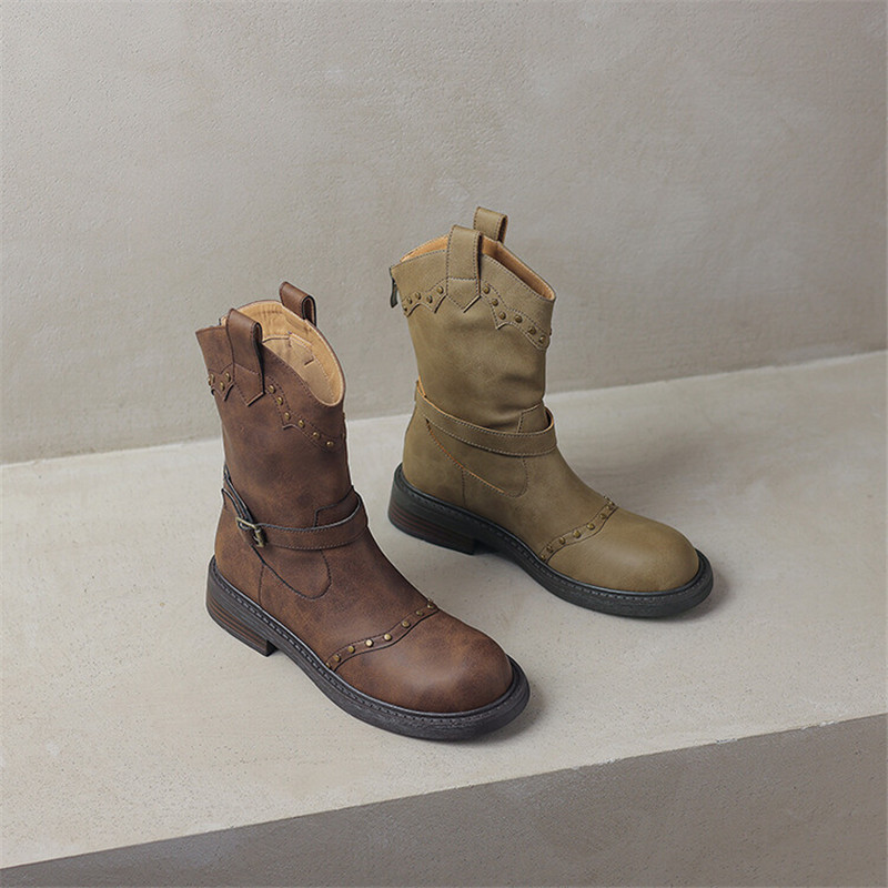 Autumn Winter Split Leather Fashion Rivet Round Toe Shoes for Short Women Mujer Low Heel Western Boots