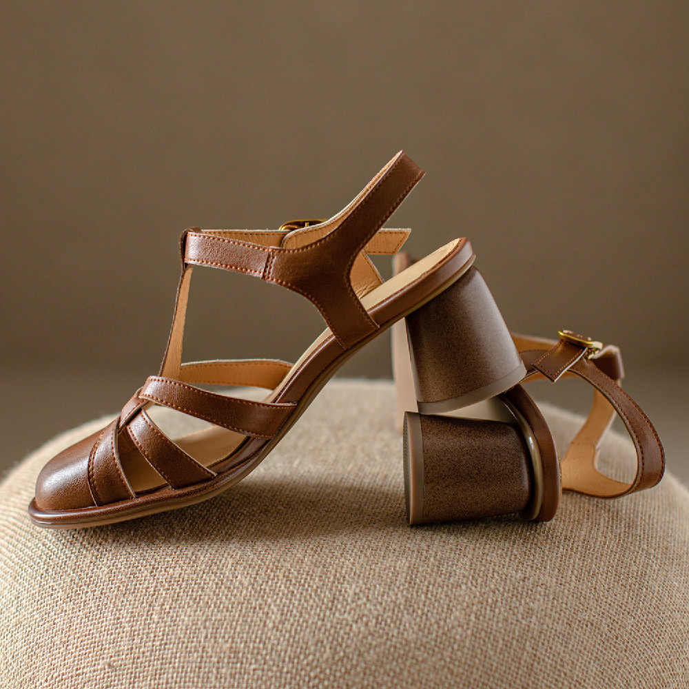 sandals Women's genuine New leather narrow band braided t-strap thick high heel round toe sandalias elegant ladies OL style pumps 9899