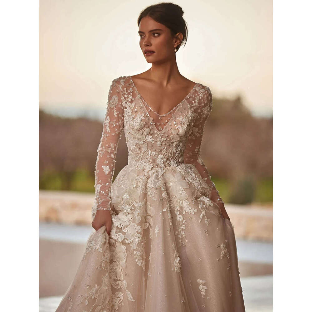 Romantic Wedding Dresses A-E V-Neck Appliques Sequined Sleeve Or-Length Long Bridal Gown Vestido De Novia Custom Made 0228Lz