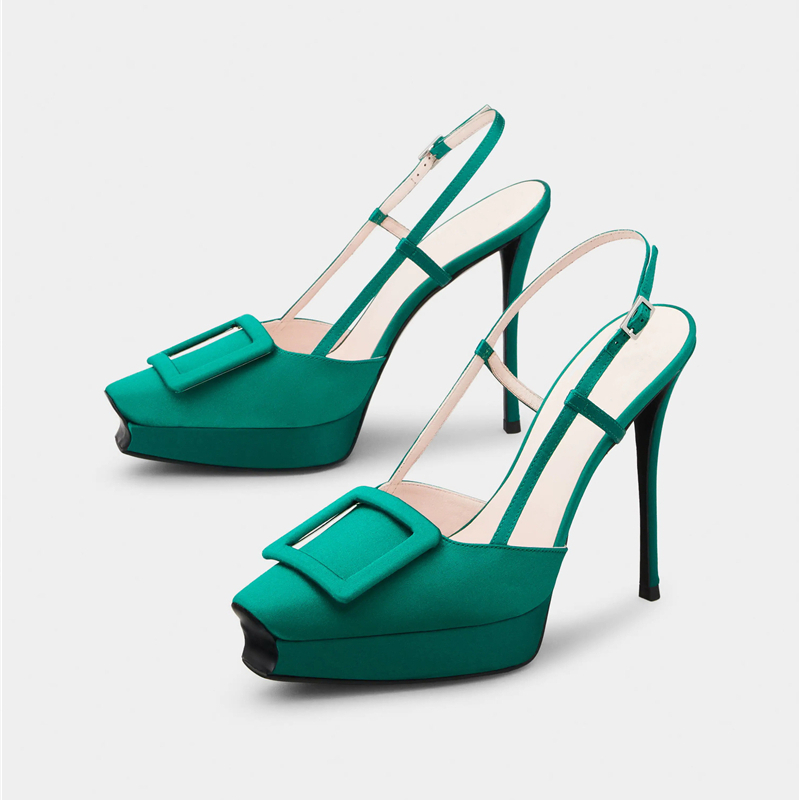 Brand Big Buckle Women Shoes Summer Square-toe Platform Stiletto Shoe Fashion Closed Toe Strap High-Heeled Formal Dress Sandals