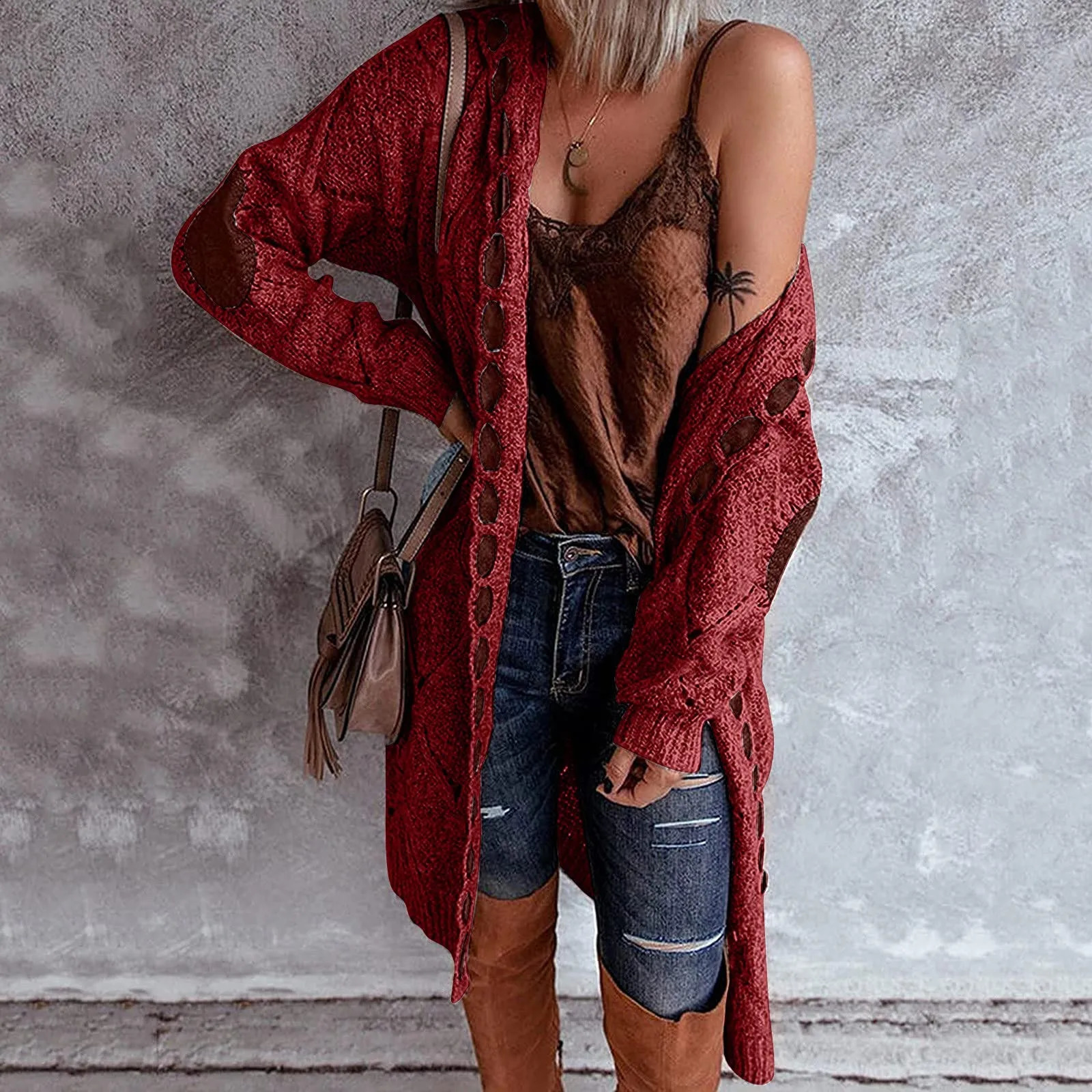 Vintage Women Oversized Hooded Long Cardigan Knitted Sweater Jumper Sweaters Plaid Casual Brown Coat Jersey Mujer Jacket 240904