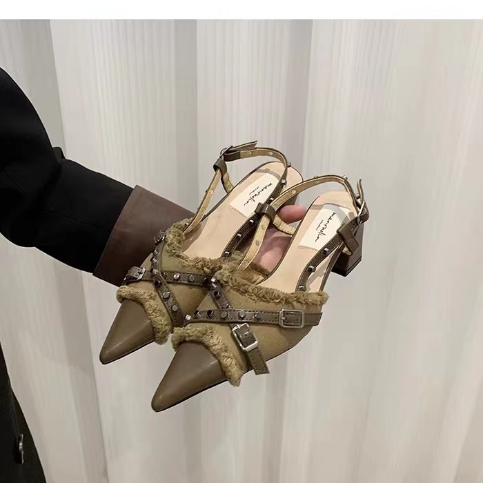 New in Sexy Fashion T-Strap Ladies Heels Shoes Female Slides Pointed Toe Mules Rivet Women Thin High Heels Shoes Footwear