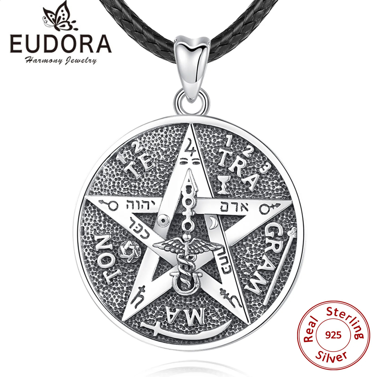EUDORA 925 sterling silver pentagonal rune necklace talisman leather chain guardian star pendant mens jewelry 240912