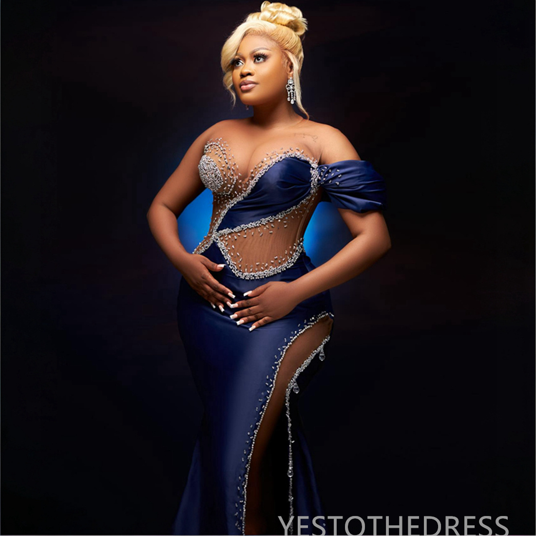 2024 Plus Size Navy Prom Dress Evening Dresses Mermaid Illusion Formal Gown Sheer Neck Side Split Beaded Birthday Dress Second Reception Gowns Abendkl