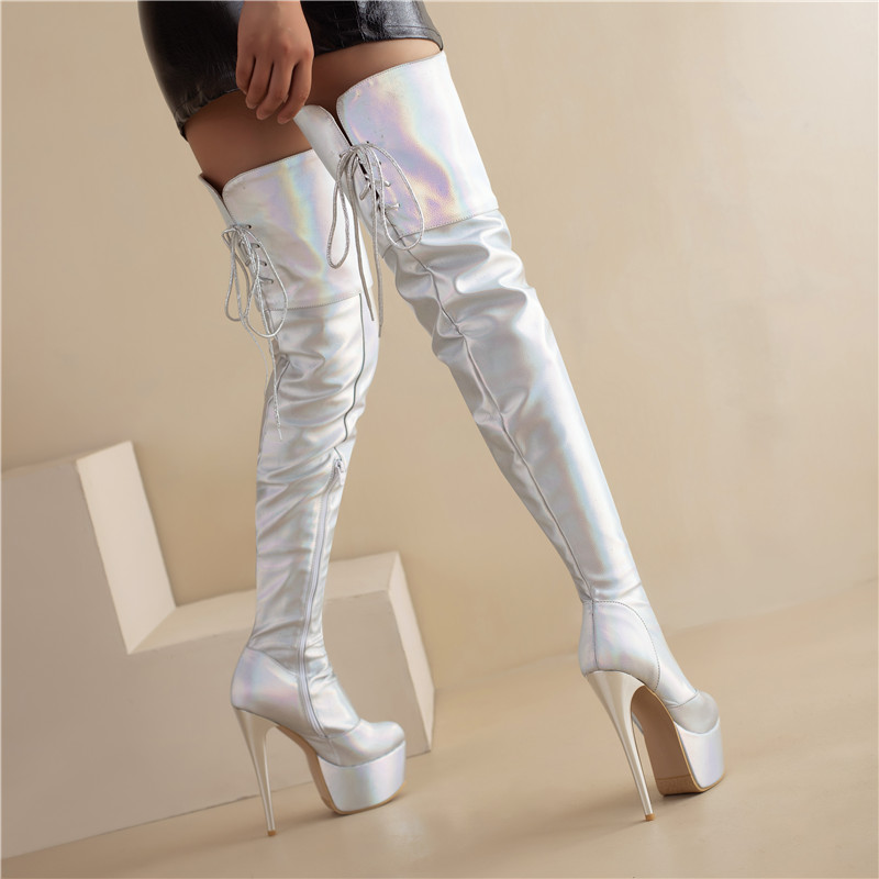 Over Sexy the Knee High Women Platform Fetish Dance Nightclub Shoes Female Black Pink Sier Heels Long Boots Plus Size 51fc